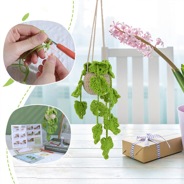 Crochet material pack - Green herringbone hollow hanging basket decorative pot hanging piece