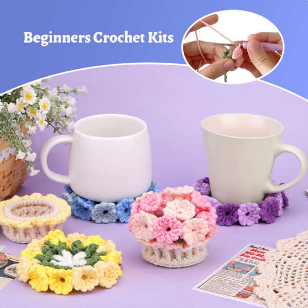 主图-06 Newly launched best-selling crochet material package - four-color coasters with creative flower pot decoration for interior design.