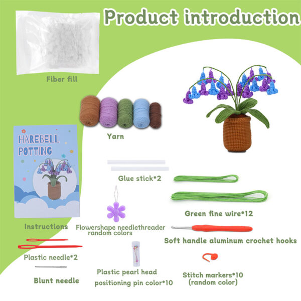 Crochet material pack - Bluebell flower pot plant decoration DIY handcraft for living room and bedroom decorative items as gifts