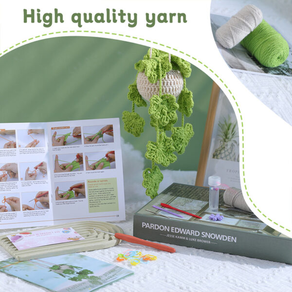 Crochet material pack - Green herringbone hollow hanging basket decorative pot hanging piece