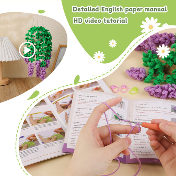 Hot-selling new product - Purple flower long-style green plant hanging basket hanger hook knitting material package DIY handmade milk cotton wool ball