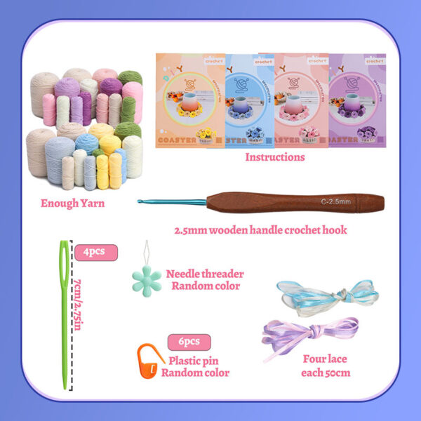 主图-08 Newly launched best-selling crochet material package - four-color coasters with creative flower pot decoration for interior design.