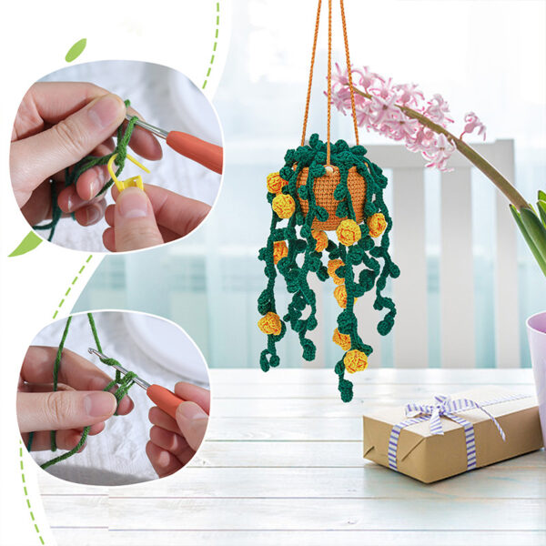 主图-09 Crochet material pack - New yellow small flower hanging basket hand-knitted accessory made of wool yarn