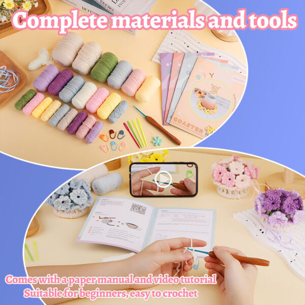 主图-09 Newly launched best-selling crochet material package - four-color coasters with creative flower pot decoration for interior design.