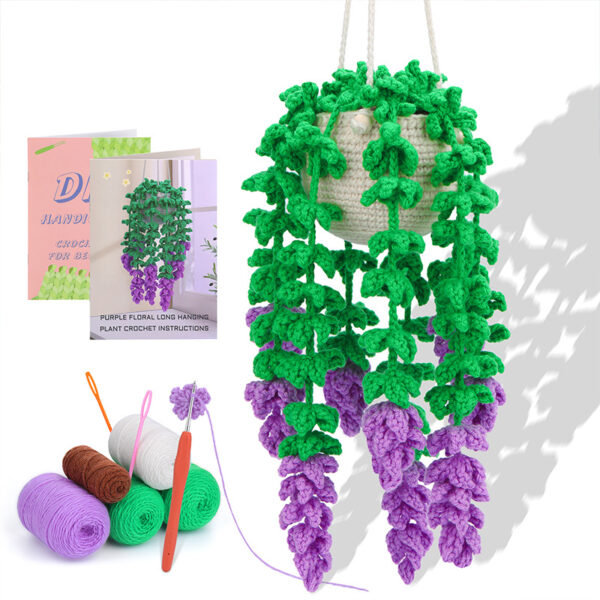 Hot-selling new product - Purple flower long-style green plant hanging basket hanger hook knitting material package DIY handmade milk cotton wool ball