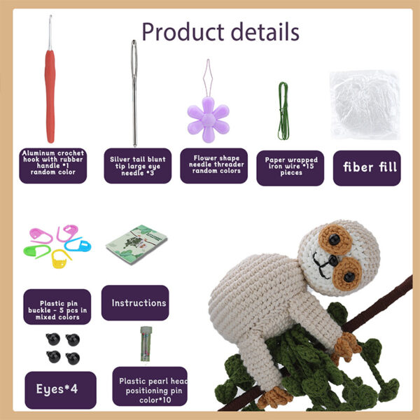 Crochet material pack for hand-knitting animal tree sloth plant pot decoration items