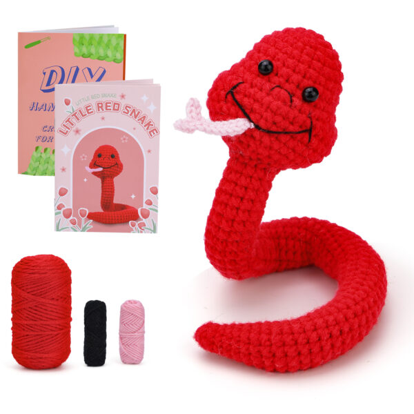 Crochet material package - New animal red small snake - English video tutorial - Handmade wool knitting - Children's toy