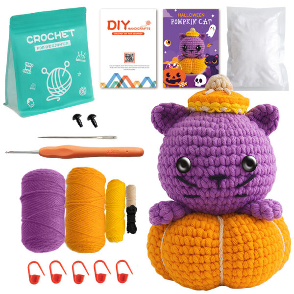New Halloween pumpkin kitten crochet material pack - beginner knitting DIY wool ball
