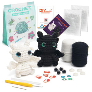 New DIY handmade crochet doll material pack made of genuine cotton, black and white, with no teeth, featuring fur-like yarn for knitting.