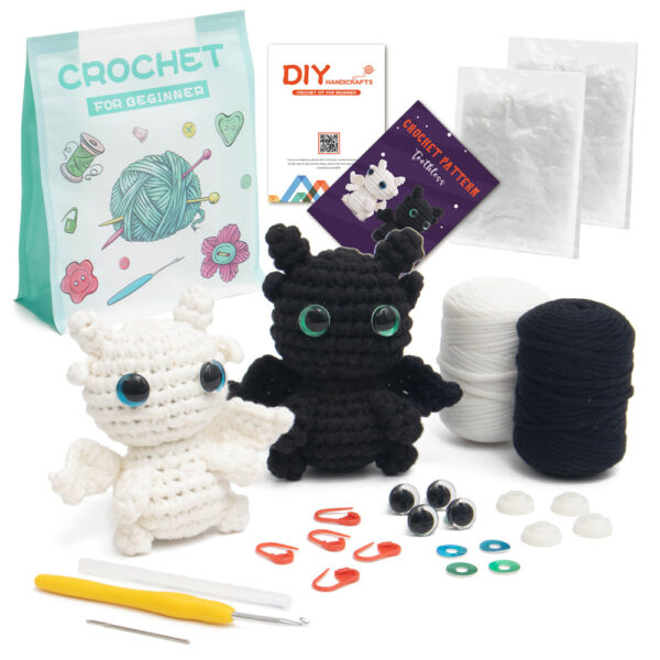New DIY handmade crochet doll material pack made of genuine cotton, black and white, with no teeth, featuring fur-like yarn for knitting.