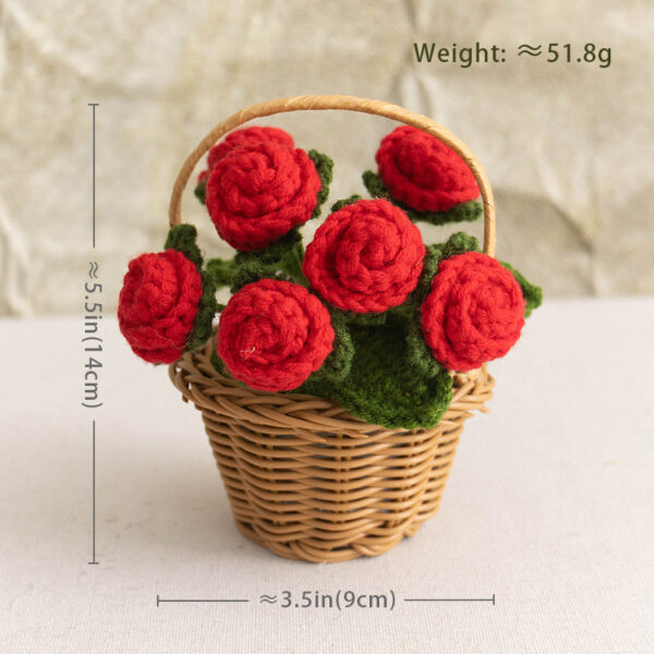 主图-06 Knitted wool multi-head rose small flower basket handmade knitted red rose potted plant decorative piece tableware gift