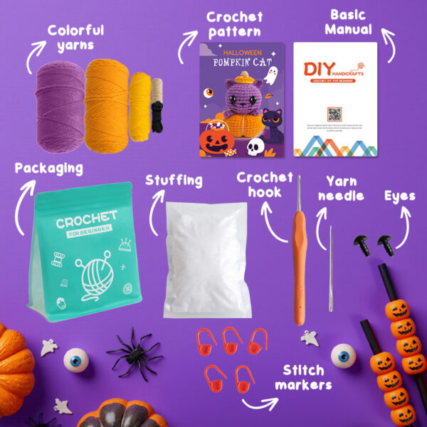 New Halloween pumpkin kitten crochet material pack - beginner knitting DIY wool ball