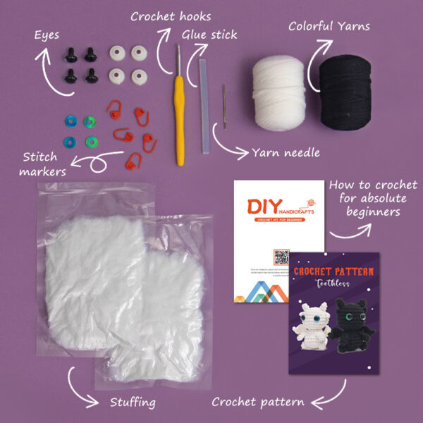 New DIY handmade crochet doll material pack made of genuine cotton, black and white, with no teeth, featuring fur-like yarn for knitting.