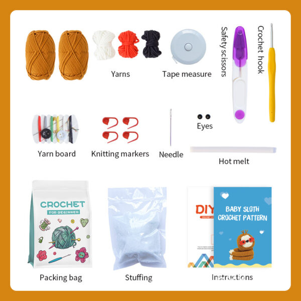 Crochet material pack for DIY handmade knitted fluffy sloth-shaped crochet doll