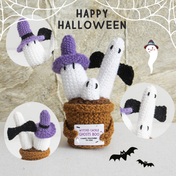 New Halloween wool crochet funny ghost doll pot plant finished product positive card pumpkin pot plant