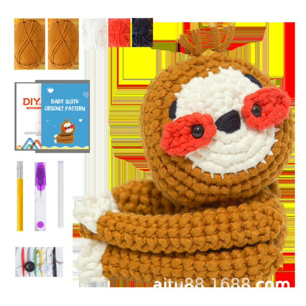 Crochet material pack for DIY handmade knitted fluffy sloth-shaped crochet doll