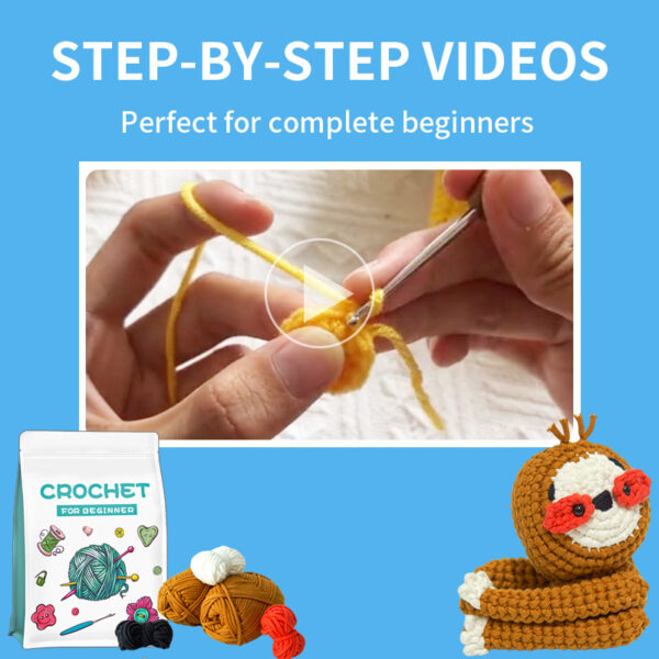 Crochet material pack for DIY handmade knitted fluffy sloth-shaped crochet doll