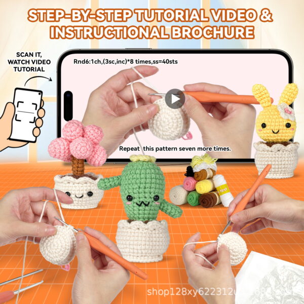 Handmade DIY crochet material pack for making plant pot ornaments. Wool yarn for crocheting. Wool ball.