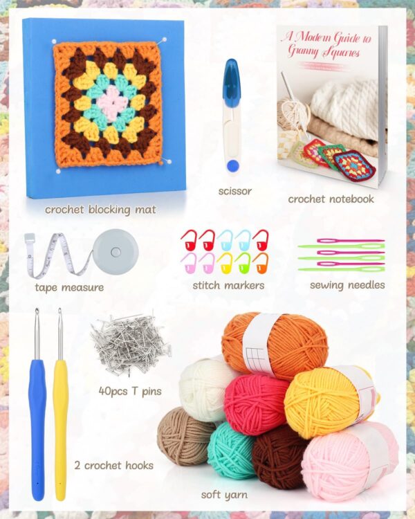 711H7+l+XzL._AC_SL1500_ Complete Granny Square Crochet Kit for Beginners & Kids – Includes Step-by-Step Video, Yarn, Blocking Mat & All Accessories | Learn to Crochet & Relax