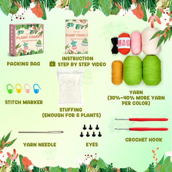 Crochet Kit for Beginners - 6 Pack Hanging Potted Plants Amigurumi Set with Video Tutorials, Includes 40% Extra Yarn, Hook, & Tools
