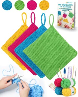 Complete Knitting Kit for Beginners - Learn to Knit Dishcloths with Step-by-Step Book, Needles & Yarn | Craft Gift Set for Adults & Family