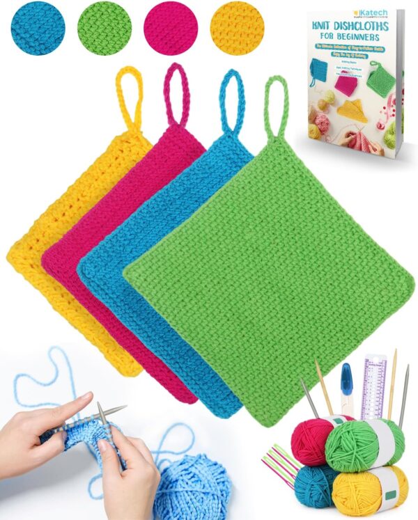 Complete Knitting Kit for Beginners - Learn to Knit Dishcloths with Step-by-Step Book, Needles & Yarn | Craft Gift Set for Adults & Family