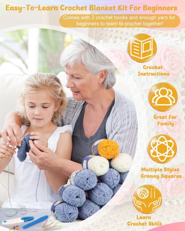 71XL+GFgfcL._AC_SL1500_ Complete Crochet Starter Kit for Beginners – Make a Granny Square Blanket with Easy Instructions, Plenty of Yarn & All Tools Included (Blue-Purple)