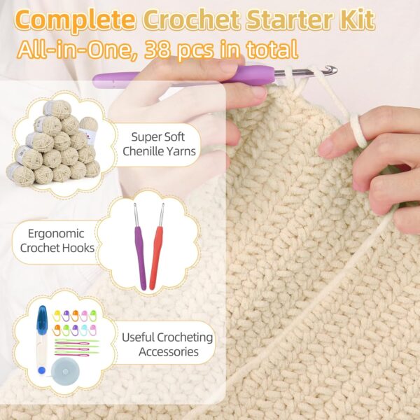 Easy Crochet Blanket Kit for Beginners with Soft Chenille Yarn & Video Tutorial – Complete Beginner Crochet Set | Khaki
