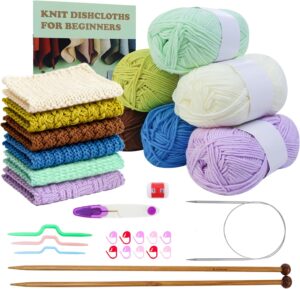 Learn to Knit Starter Kit for Beginners – Make 6 Pattern Dishcloths with Step-by-Step Guide | Complete Set with Yarn, Needles & Accessories Included
