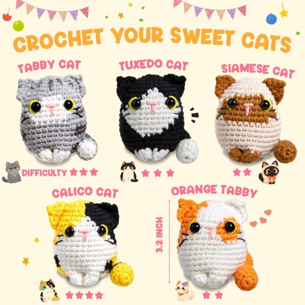 Crochet Kit for Beginners – Create Your Own Colorful Cat | Complete Starter Set with 9 Color Yarn, Tools & Video Tutorials | Extra 40% Yarn for Practice