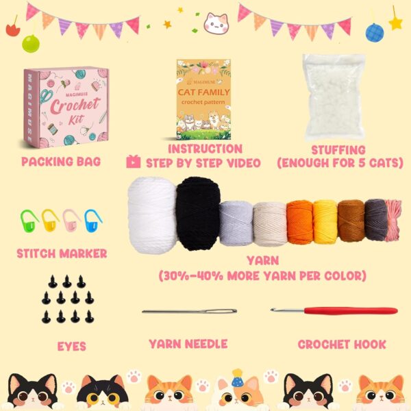Crochet Kit for Beginners – Create Your Own Colorful Cat | Complete Starter Set with 9 Color Yarn, Tools & Video Tutorials | Extra 40% Yarn for Practice