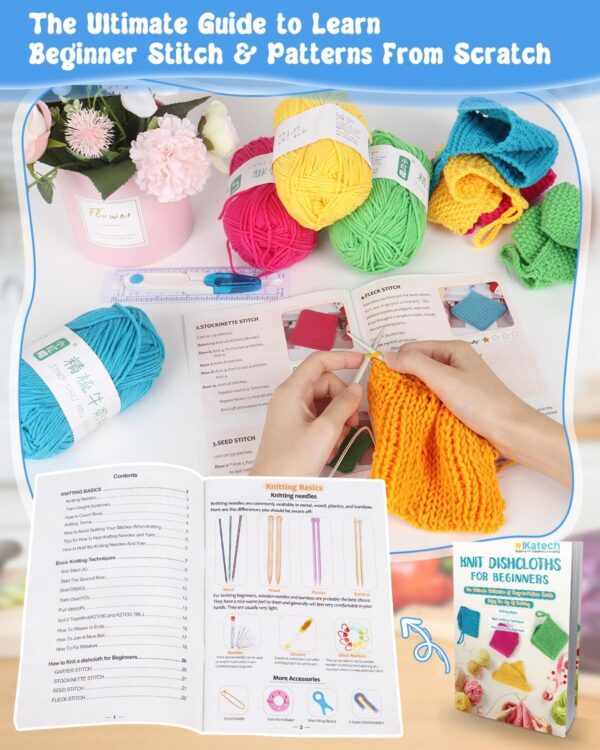Complete Knitting Kit for Beginners - Learn to Knit Dishcloths with Step-by-Step Book, Needles & Yarn | Craft Gift Set for Adults & Family