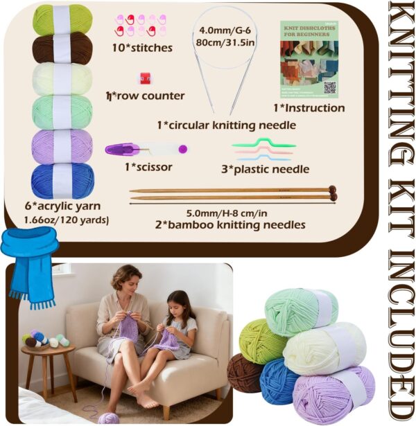 Learn to Knit Starter Kit for Beginners – Make 6 Pattern Dishcloths with Step-by-Step Guide | Complete Set with Yarn, Needles & Accessories Included
