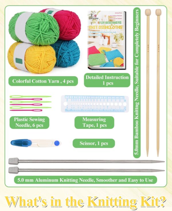Beginner Knitting Kit – Learn to Knit Dishcloths with Easy Step-by-Step Guide | Includes Cotton Yarn, Bamboo & Metal Needles, Knitting Tools | Perfect DIY Starter Set for Adults & Craft Gifts