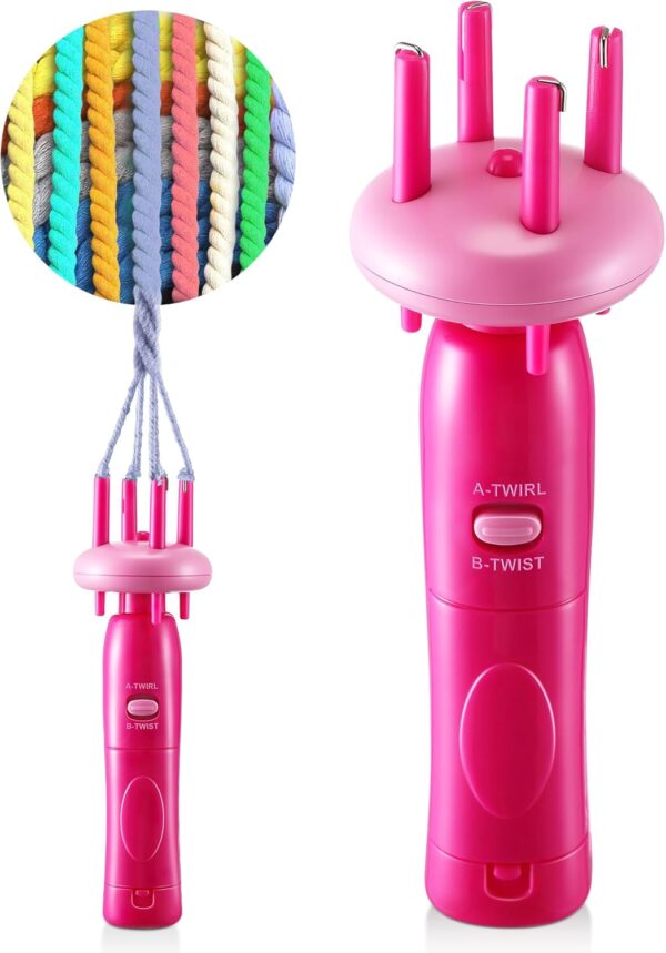 Pink Portable Cord Maker & Fringe Twister Machine for Craft Yarn – Handheld DIY Rope Braider, Beginner-Friendly with Video Tutorial