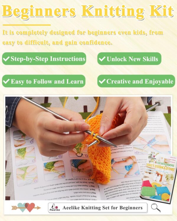 Beginner Knitting Kit – Learn to Knit Dishcloths with Easy Step-by-Step Guide | Includes Cotton Yarn, Bamboo & Metal Needles, Knitting Tools | Perfect DIY Starter Set for Adults & Craft Gifts