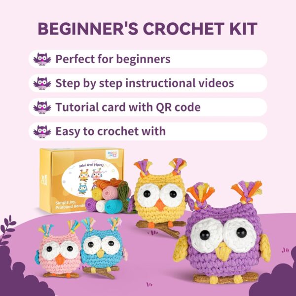 Owl Crochet Kit for Beginners – 4-Pack Amigurumi Starter Kit with Step-by-Step Video Tutorials & Digital Pattern | Complete Animal Crocheting Kit for Adults & Craft Lovers