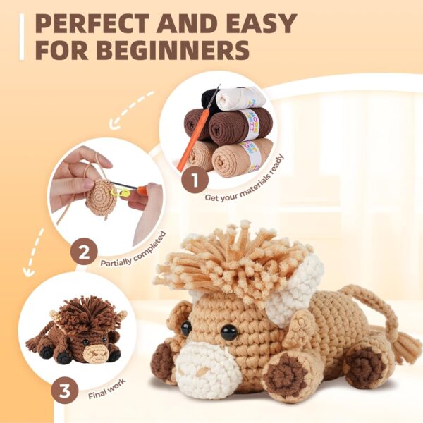 Highland Cattle Beginner Crochet Kit | Complete Set with Soft Yarn, Hook, Video Tutorial & Digital PDF Pattern | Ideal Holiday Birthday Gift for Adult Craft Enthusiasts