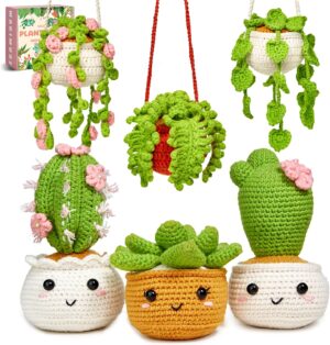 Crochet Kit for Beginners - 6 Pack Hanging Potted Plants Amigurumi Set with Video Tutorials, Includes 40% Extra Yarn, Hook, & Tools