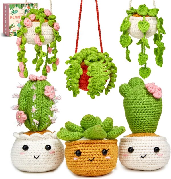 Crochet Kit for Beginners - 6 Pack Hanging Potted Plants Amigurumi Set with Video Tutorials, Includes 40% Extra Yarn, Hook, & Tools