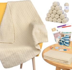 81BlTfukmIL._AC_SL1500_ Easy Crochet Blanket Kit for Beginners with Soft Chenille Yarn & Video Tutorial – Complete Beginner Crochet Set | Khaki