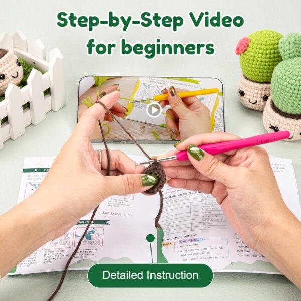 Complete Beginner Crochet Kit: 4PCS Handmade Succulents with Step-by-Step Guide & Video Tutorials | Perfect DIY Knitting Gift for Adults & Crochet Enthusiasts