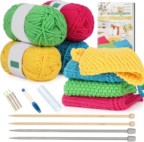 Beginner Knitting Kit – Learn to Knit Dishcloths with Easy Step-by-Step Guide | Includes Cotton Yarn, Bamboo & Metal Needles, Knitting Tools | Perfect DIY Starter Set for Adults & Craft Gifts