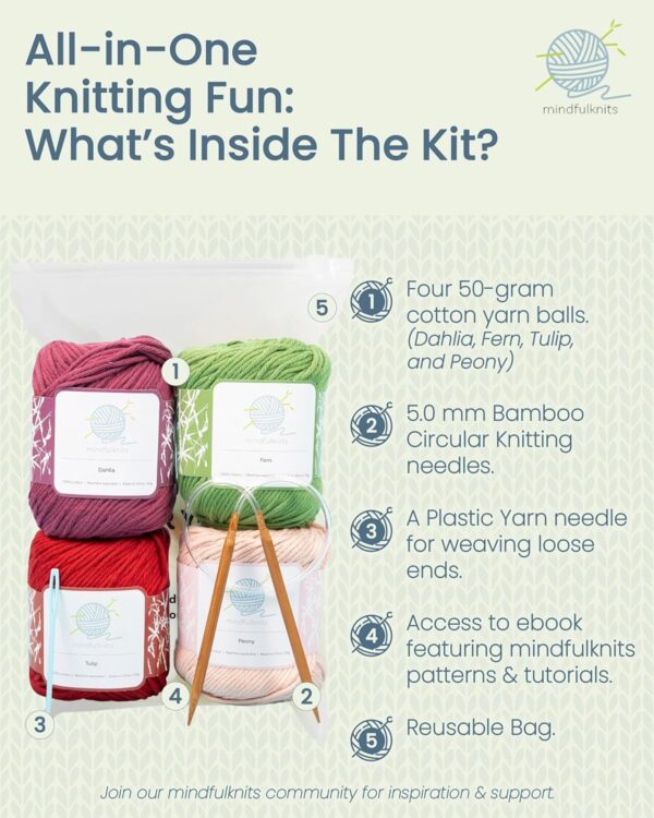 Flora Cotton Washcloth Knitting Kit for Beginners | Complete Starter Set with 100% Cotton Yarn, Circular Needles & Video Tutorials | Mindful Crafting & Relaxation Gift