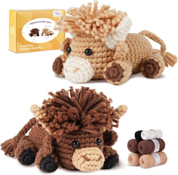 Highland Cattle Beginner Crochet Kit | Complete Set with Soft Yarn, Hook, Video Tutorial & Digital PDF Pattern | Ideal Holiday Birthday Gift for Adult Craft Enthusiasts