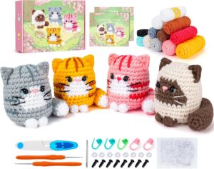 4 PCS Cat Crochet Kit for Beginners – Complete Learn-to-Crochet Set with Step-by-Step Videos, Yarn & Tools | DIY Animal Craft Gift for Adults & Cat Lovers