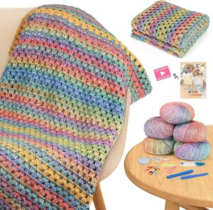 Beginner Crochet Blanket Kit – Make Your Own Soft Rainbow Gradient Throw | Includes Detailed Video Tutorials, Premium Yarn & All Tools | DIY Cozy Gift & Home Craft Set