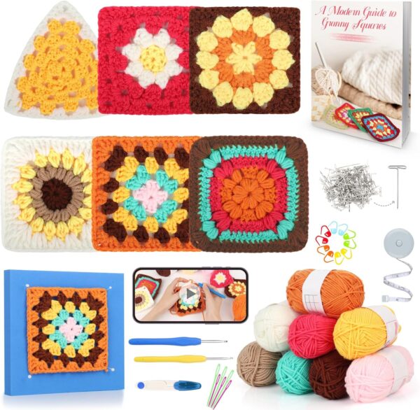 81US8WgRclL._AC_SL1500_ Complete Granny Square Crochet Kit for Beginners & Kids – Includes Step-by-Step Video, Yarn, Blocking Mat & All Accessories | Learn to Crochet & Relax