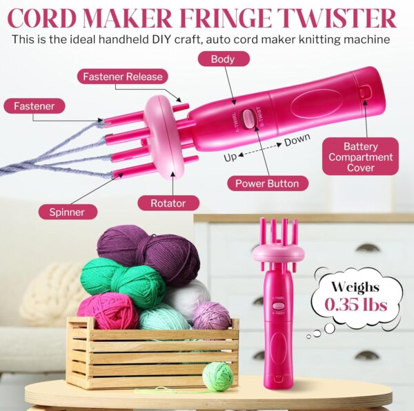 Pink Portable Cord Maker & Fringe Twister Machine for Craft Yarn – Handheld DIY Rope Braider, Beginner-Friendly with Video Tutorial