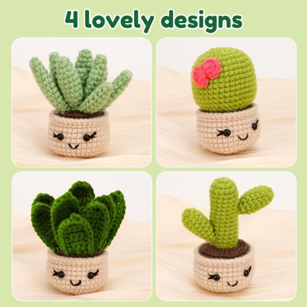 Complete Beginner Crochet Kit: 4PCS Handmade Succulents with Step-by-Step Guide & Video Tutorials | Perfect DIY Knitting Gift for Adults & Crochet Enthusiasts